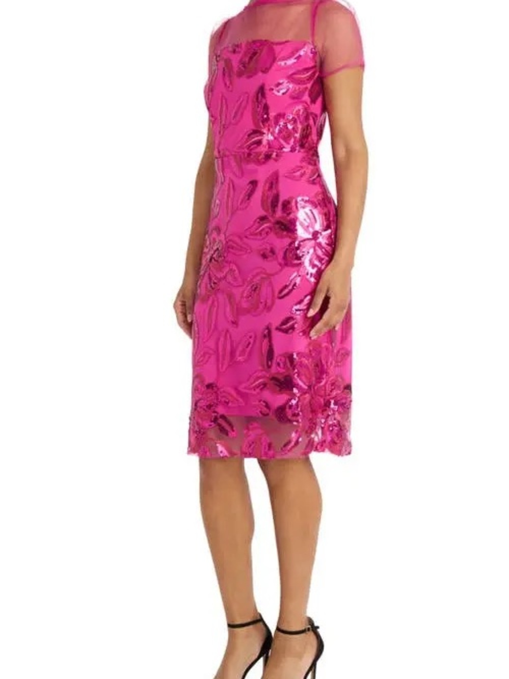 NWOT Maggy London Fuchsia Sequin Midi Dress with Sheer Yoke